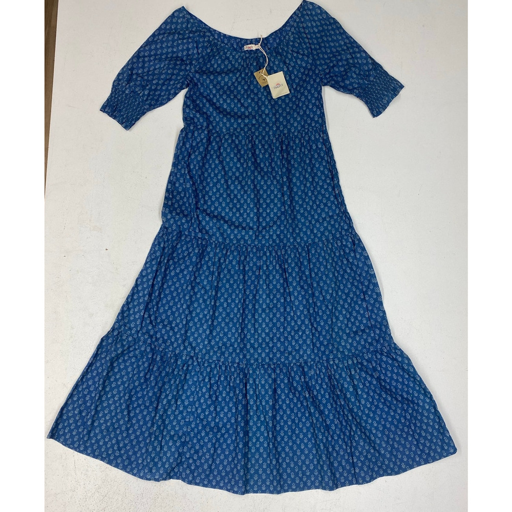 NEW Women Faherty Will Indigo Gobi Floral organic cotton maxi short sleeve dress